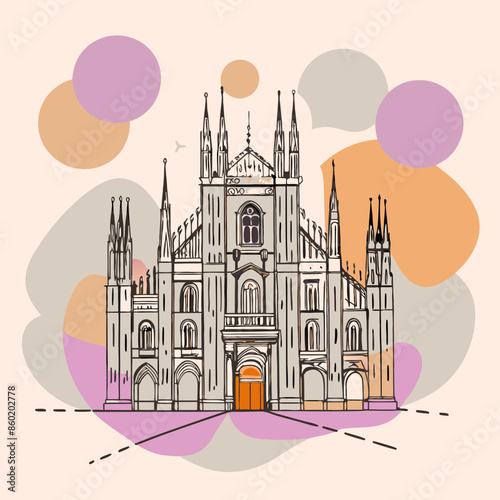 Milan Cathedral Italy illustration style of flying blobs