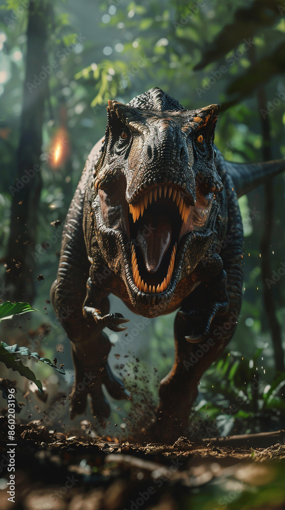 T-Rex, with its mouth fully open, running towards the viewer, emerging from the jungle, front view, zoom blur with ultra-realistic high shutter speed, background meteoric fireball falling. T-Rex, with its mouth fully open, running towards the viewer, emerging from the jungle, front view, zoom blur with ultra-realistic high shutter speed, background meteoric fireball falling.