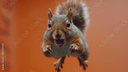 Fototapeta Naklejka Na Ścianę i Meble -  Jumping Squirrel: a cute Squirrel isolated against an orange background.
