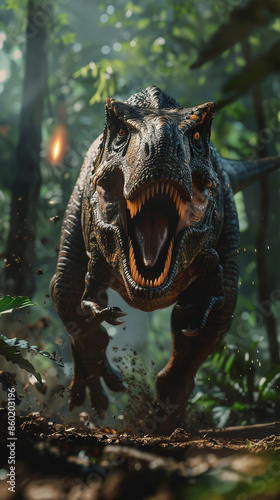T-Rex, with its mouth fully open, running towards the viewer, emerging from the jungle, front view, zoom blur with ultra-realistic high shutter speed, background meteoric fireball falling. © Yuriy Maslov