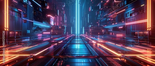 A futuristic city layout with sleek lines and neon accents, hinting at advanced technology © patcharida