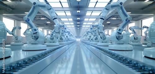 A futuristic factory floor filled with robotic arms