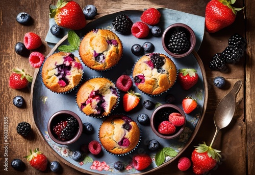 delicious berry muffins freshly baked berries indulgent flavors, blackberry, blueberry, buttery, confection, cooking, cranberry, culinary, dessert photo
