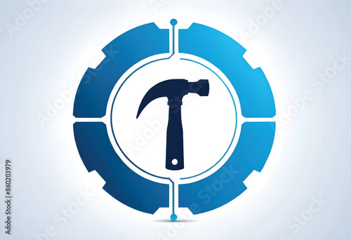 a blue and white logo with a hammer in the center