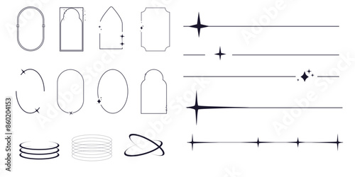  Set of y2k minimal geometric frames and borders thin line rings, abstract aesthetic element illustrated for banners, social media, poster design, sticker. Trendy frame, sparkles, star, lines