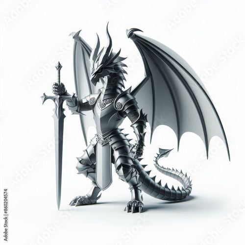 A silver dragon with a sword in its right hand