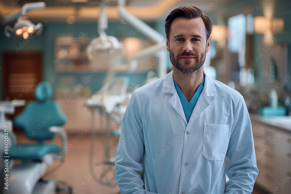 Obraz premium A confident dentist in a white coat stands in a modern dental office with bright lighting.