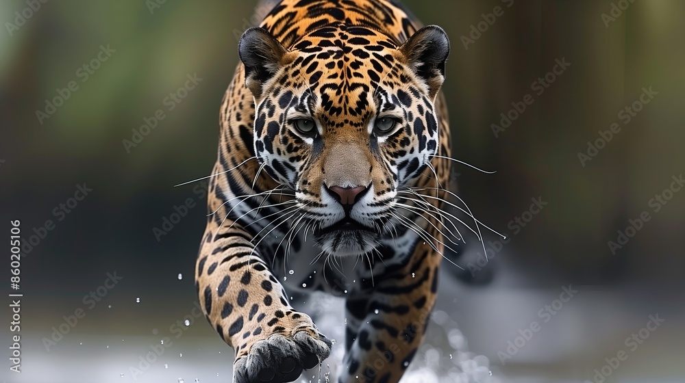 Fototapeta premium Leopard Charging Through Water with Intense Focus 
