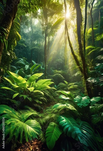 lush tropical forest floor bathed sunlight, greenery, vibrant, foliage, exotic, atmosphere, serene, wildlife, canopy, plants, tranquil, beauty, jungle, undergrowth