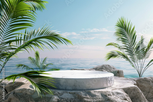 White round podium on a rock with palm tree leaf and sea background for Empty podium for product presentation © pikshine