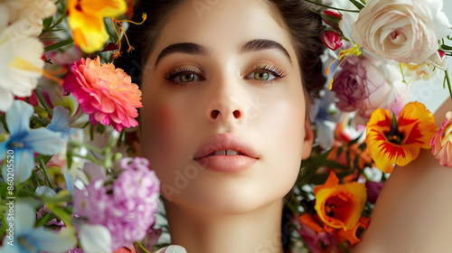 A beautiful young woman fashion portrait with flowers surrounding her : Generative AI