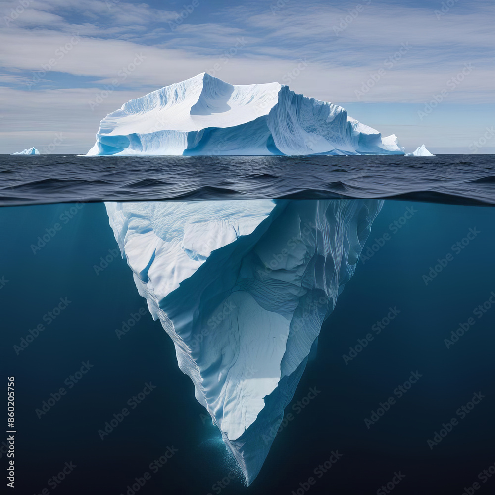 A massive iceberg floating in the ocean, with only a small portion visible above the water's surface, suggesting a much larger submerged section below A massive iceberg floating in the ocean, with only a small portion visible above the water's surface, suggesting a much larger submerged section below