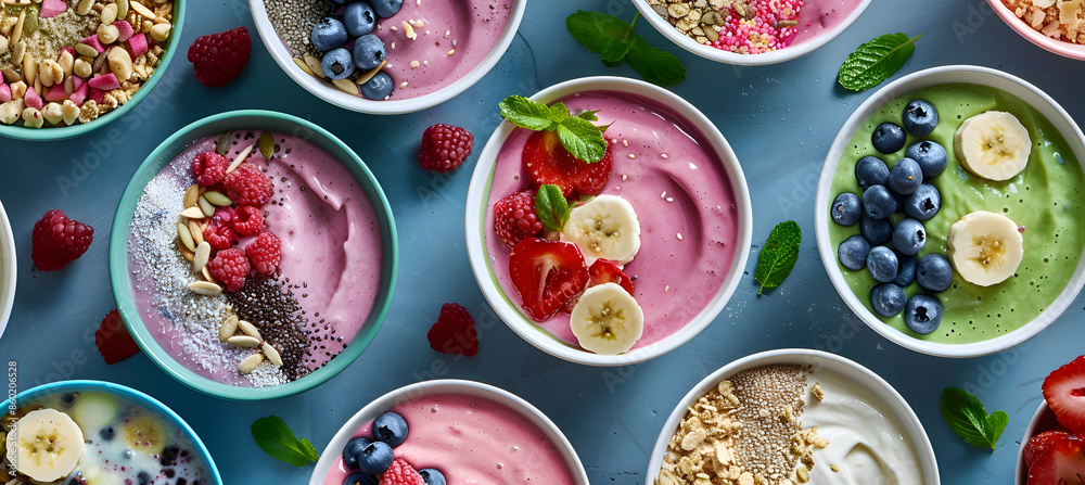 A variety of smoothie bowls with different flavors A variety of smoothie bowls with different flavors