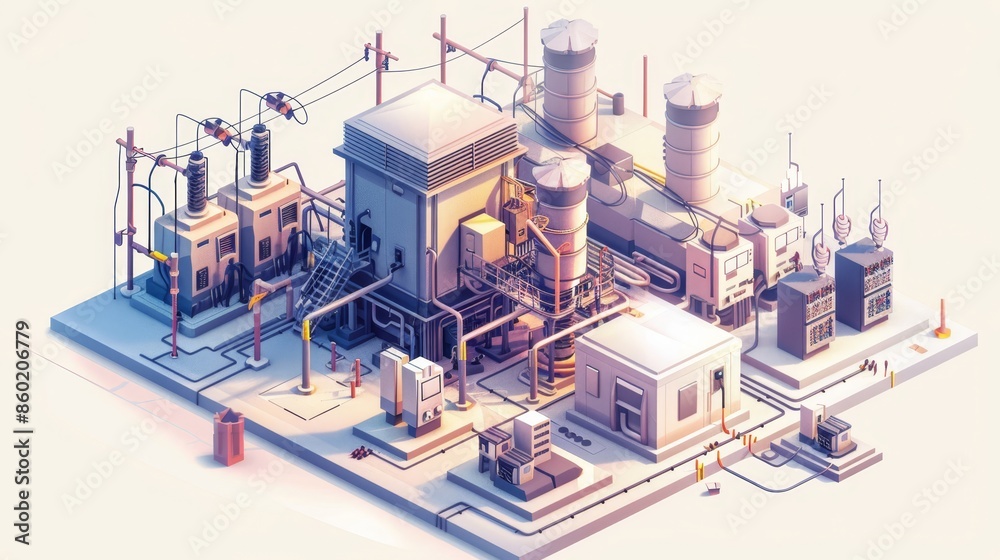 A cityscape with a large power plant in the center A cityscape with a large power plant in the center