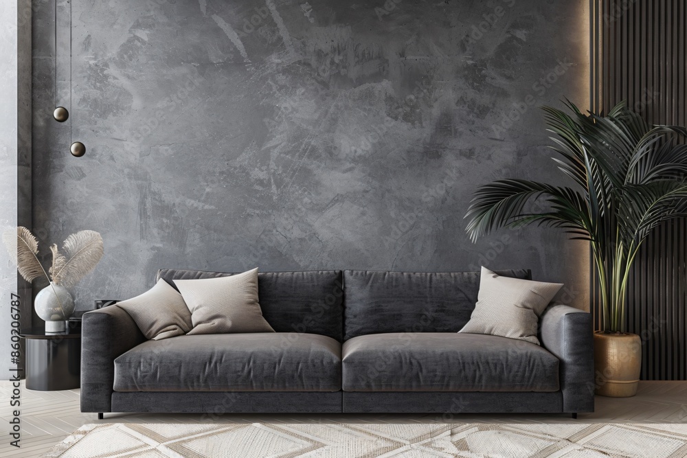 Modern Living Room with Gray Sofa and Concrete Wall Modern Living Room with Gray Sofa and Concrete Wall