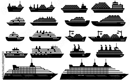 Sea, ship and wave silhouette vector icon illustration collection