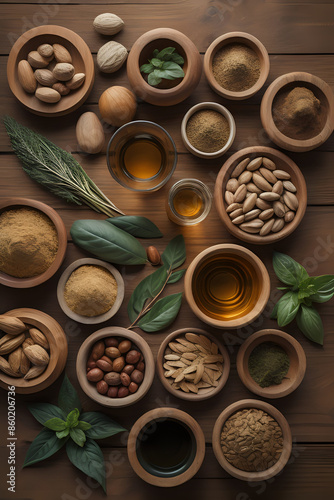 spices and herbs. Spa still life with essential oil. Herbs, spices an oil. Natural medicine. Generative AI	