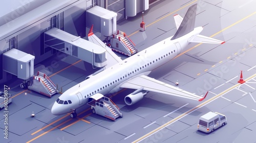 A white airplane is parked at an airport with a truck
