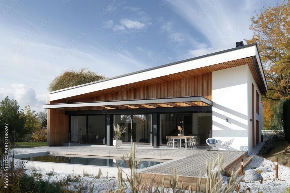 modern house with sloping roof and wooden cladding white walls ai ...