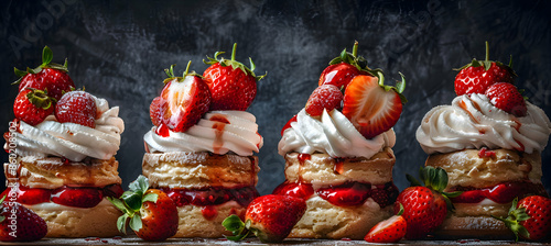 A variety of strawberry shortcakes with different fillings and toppings