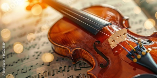 Classical Violin on Musical Notes Background With Warm Bokeh Effect photo