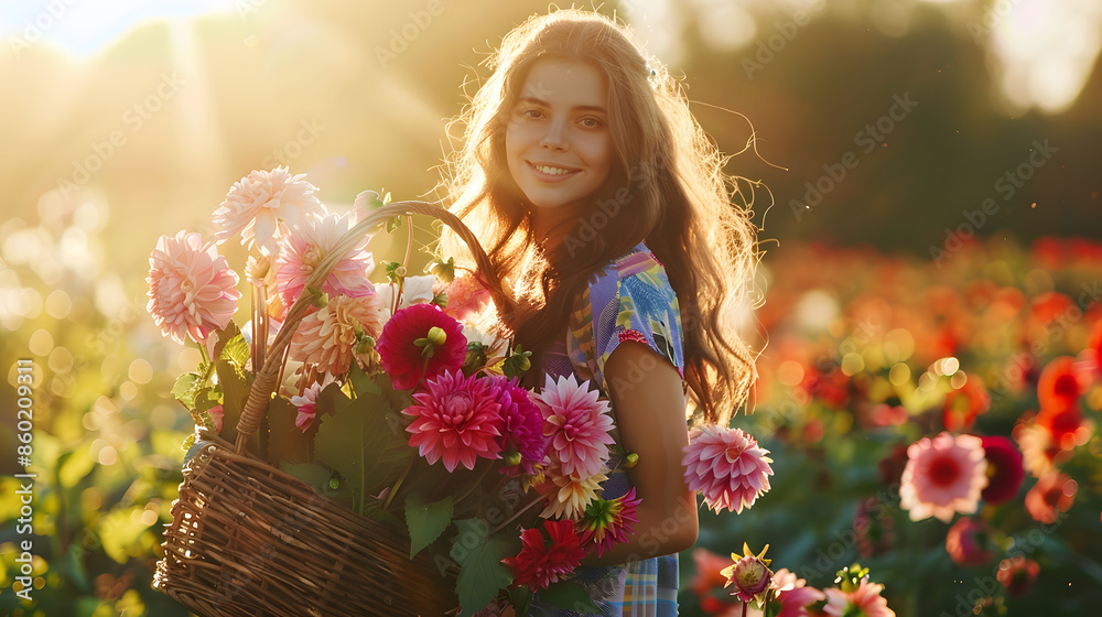 Portrait of a young stylish woman stands with a basket full of colorful freshly picked up dahlias on rural flower farm on sunset : Generative AI Portrait of a young stylish woman stands with a basket full of colorful freshly picked up dahlias on rural flower farm on sunset : Generative AI