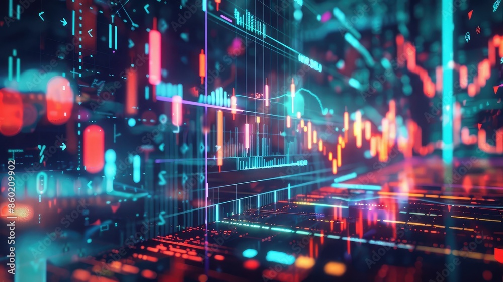 Fototapeta premium A stock market graph with fluctuating lines and bar charts, integrated into a digital interface with financial icons