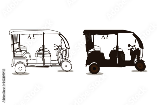 Tuktuk Indian rickshaw car silhouette and line art