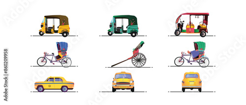 set of indian Transport like auto rickshaw, hand pulled, taxi, tuk tuk