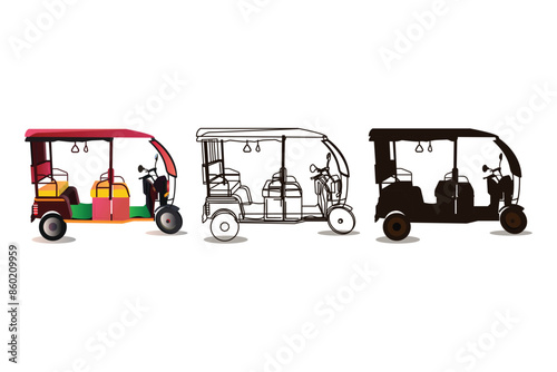 Tuktuk Indian rickshaw car silhouette and line art