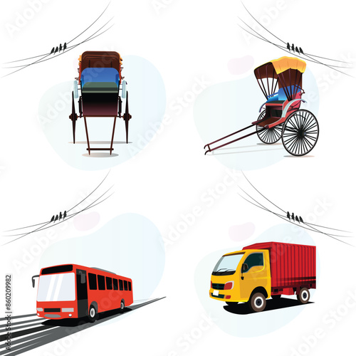 set of different types of transportation, including a rickshaw, a bus and a truck