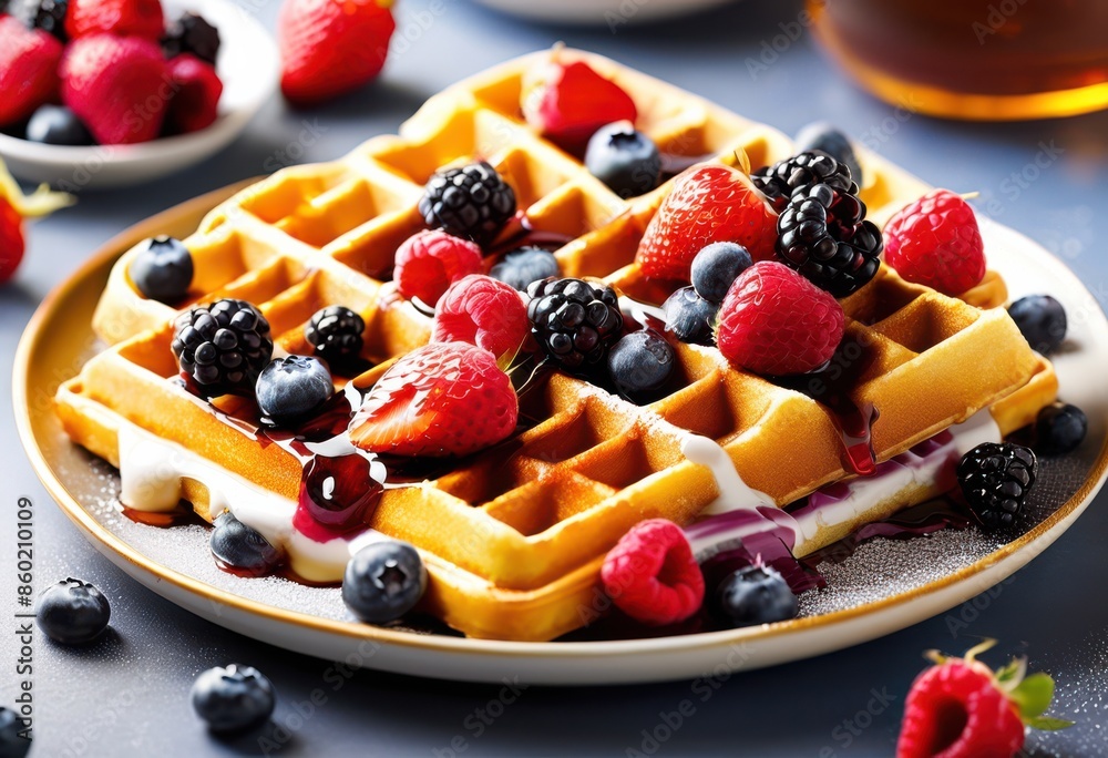 shiny golden waffles topped fresh berries, delicious, sweet, dessert, snack, tasty, fruity, homemade, crispy, ripe, treat, appetizing, juicy, vibrant shiny golden waffles topped fresh berries, delicious, sweet, dessert, snack, tasty, fruity, homemade, crispy, ripe, treat, appetizing, juicy, vibrant