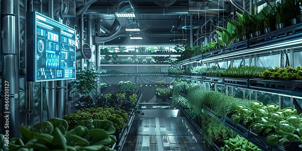 Futuristic Indoor Hydroponic Garden with Digital Interface Futuristic Indoor Hydroponic Garden with Digital Interface