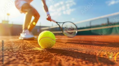 A tennis player serving the ball on a sunny court, with a detailed focus on the intensity and skill of the sport