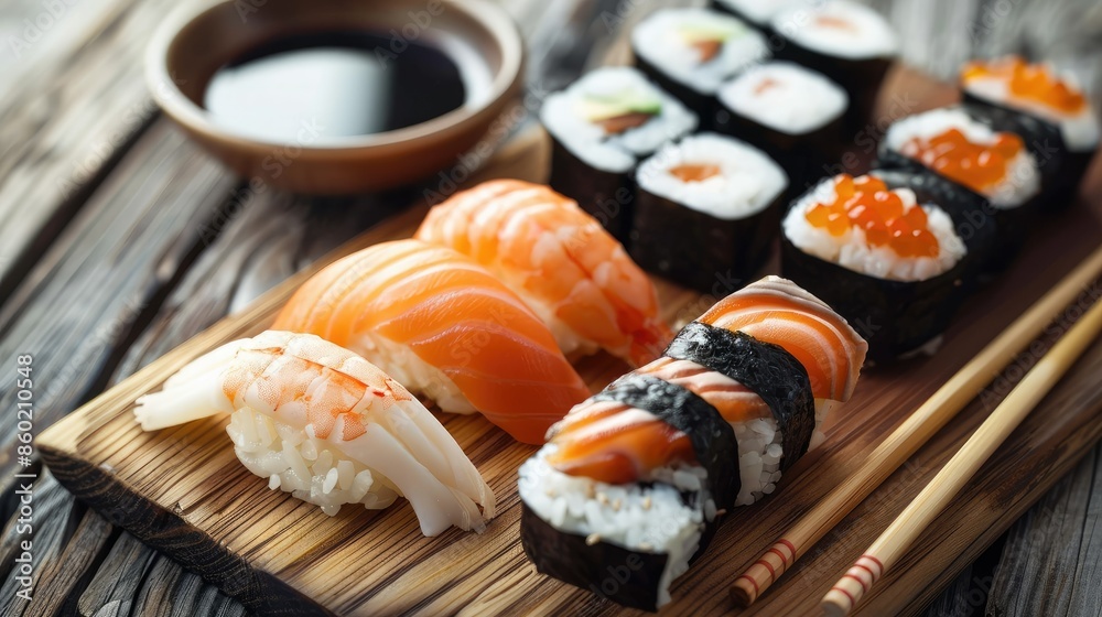 Assorted sushi platter with chopsticks and soy sauce AI generated Assorted sushi platter with chopsticks and soy sauce AI generated