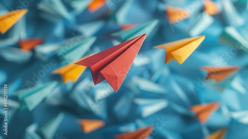 A unique paper plane with vibrant colors flying upwards, while a multitude of dull paper planes falls behind, representing outstanding performance photo