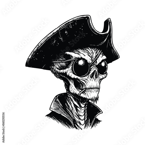  Pirate alien illustration.Vintage engraving isolated pirate alien ink sketch. black and white hand drawn pirate alien vector illustration