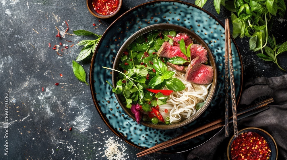 A vibrant Vietnamese pho bowl with steaming broth, rice noodles, herbs, and slices of beef, capturing the essence of Vietnamese cuisine A vibrant Vietnamese pho bowl with steaming broth, rice noodles, herbs, and slices of beef, capturing the essence of Vietnamese cuisine