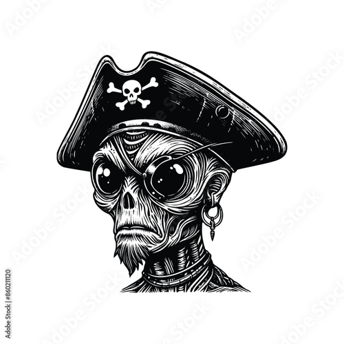  Pirate alien illustration.Vintage engraving isolated pirate alien ink sketch. black and white hand drawn pirate alien vector illustration