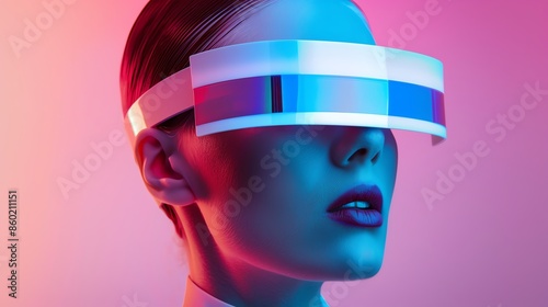 Woman wearing futuristic VR headset, neon lights. © LittleDreamStocks