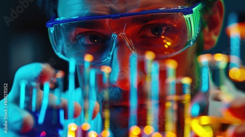 Biochemist conducting experiments with test tubes and colorful liquids AI generated