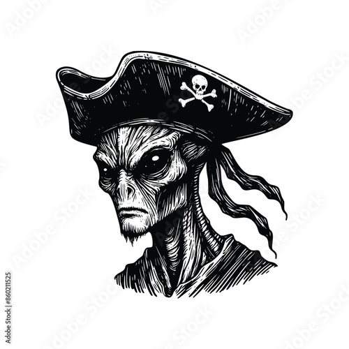  Pirate alien illustration.Vintage engraving isolated pirate alien ink sketch. black and white hand drawn pirate alien vector illustration