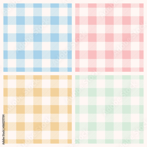 Seamless gingham pattern set. Tartan checked plaids in blue, pink, yellow, green, white. pastel vichy backgrounds texture for tablecloth, dress, skirt, napkin, or other Easter holiday textile design.