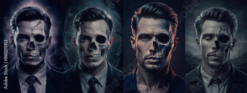 Horror skull man. Halloween horror concept art. Split face. Half skull and half skeleton. Fantasy cinematic supernatural style. Day of the dead. Día de Muertos. Afterlife grim horror portrait.