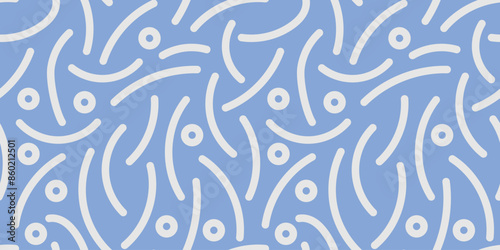 Fun blue line doodle seamless pattern. Creative abstract squiggle style drawing background for children or trendy design with basic shapes. Simple childish scribble wallpaper print. Vector background