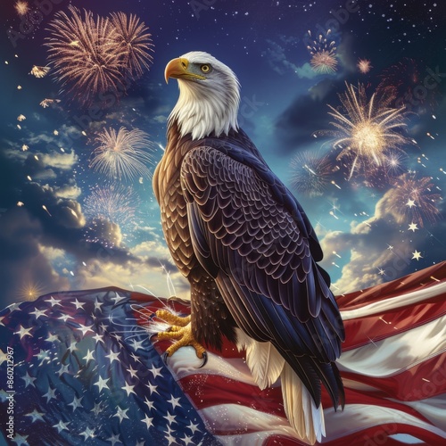 a photorealistic photo of a bald eagle perched on an American flag with fireworks in the background going off  photo