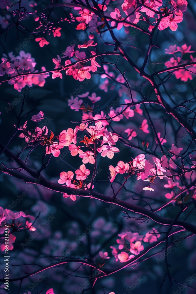 Abstract trees with delicate pink and purple blossoms on stark black branches , color pop contrast