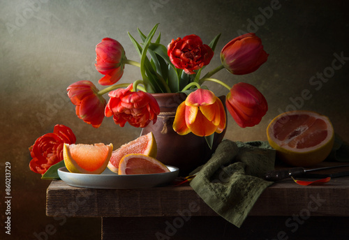 Still life with a bouquet of tulips and grapefruit on a wooden table
