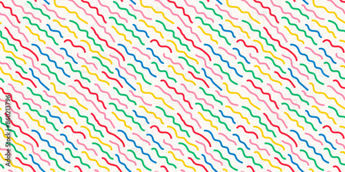 Fun colorful line doodle seamless pattern. Creative minimalist style art background for children or trendy design with basic shapes. Simple party confetti texture, childish scribble shape backdrop.