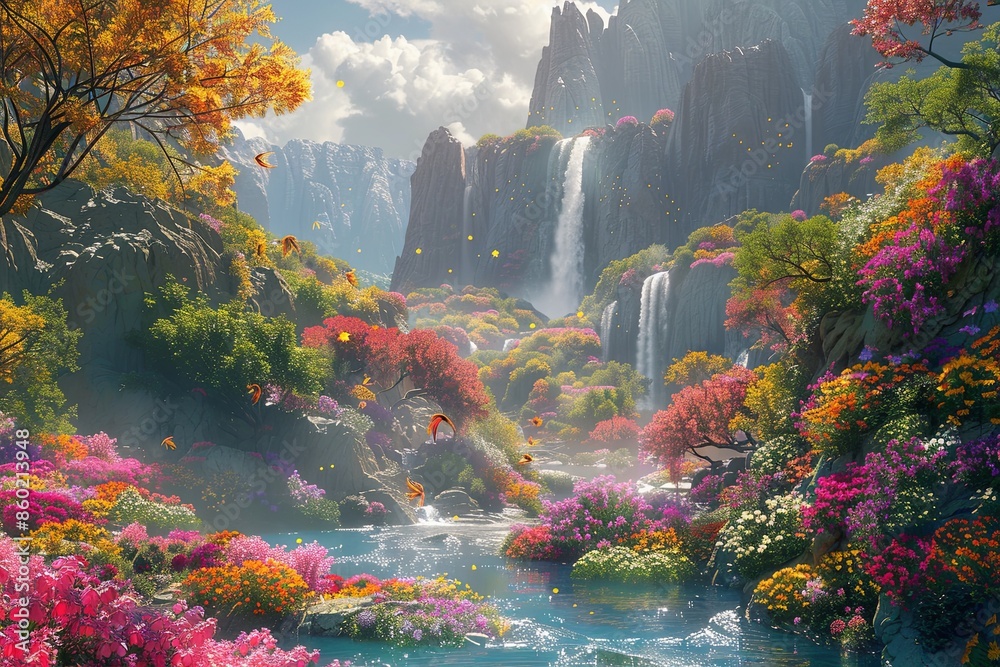 Beautiful Paradise Land with Flower and Waterfall created with Generative AI Beautiful Paradise Land with Flower and Waterfall created with Generative AI